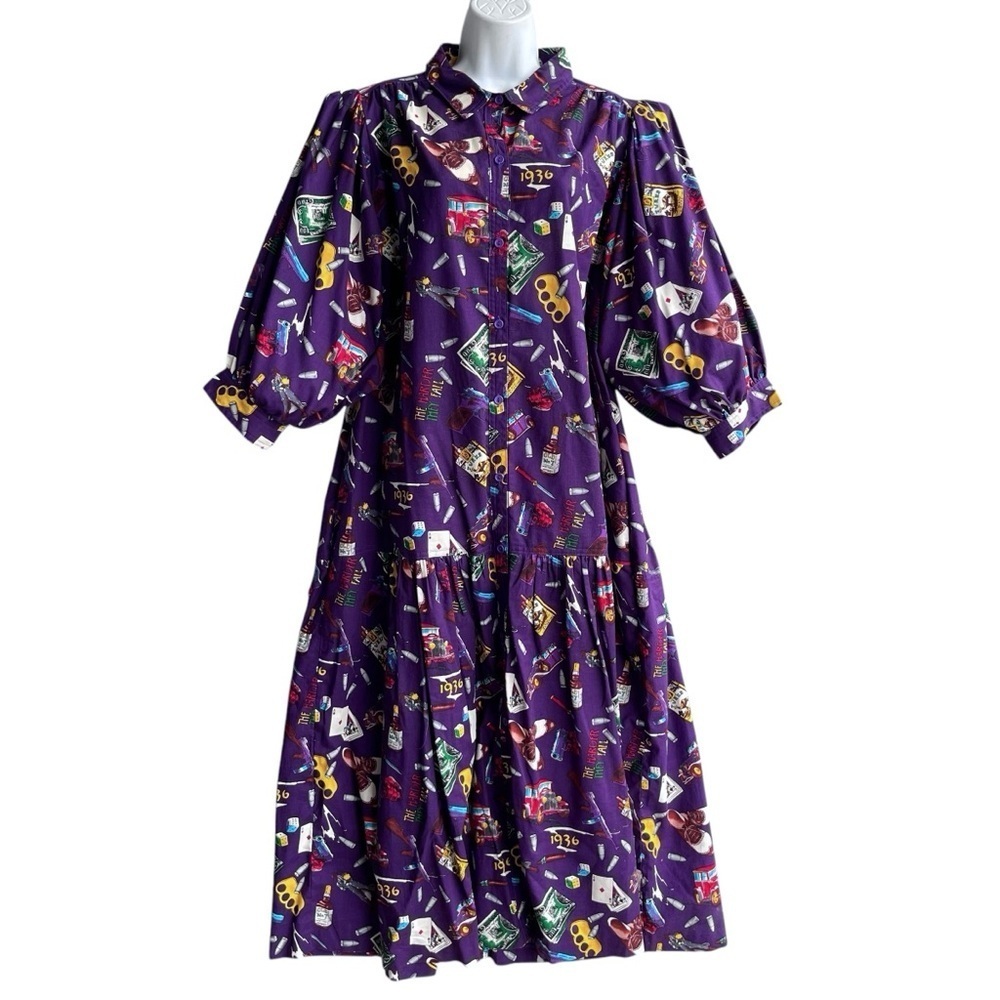 Vtg SAN ANTONIO Retro Las Vegas Dress Purple Novelty Print 3/4 Puff Sleeve Sz 20